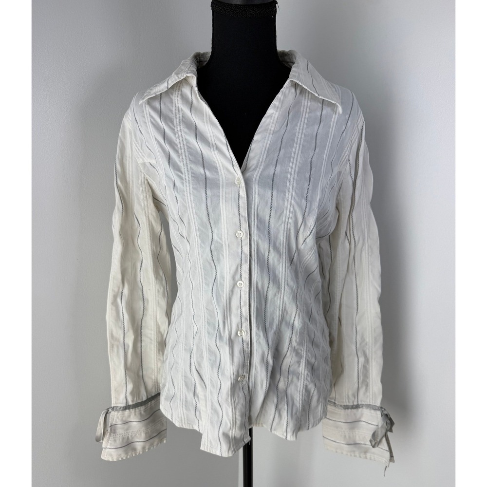 Office Siren 00s Y2K White Fitted Button Down Shirt Pinstripe Blouse Coquette L
